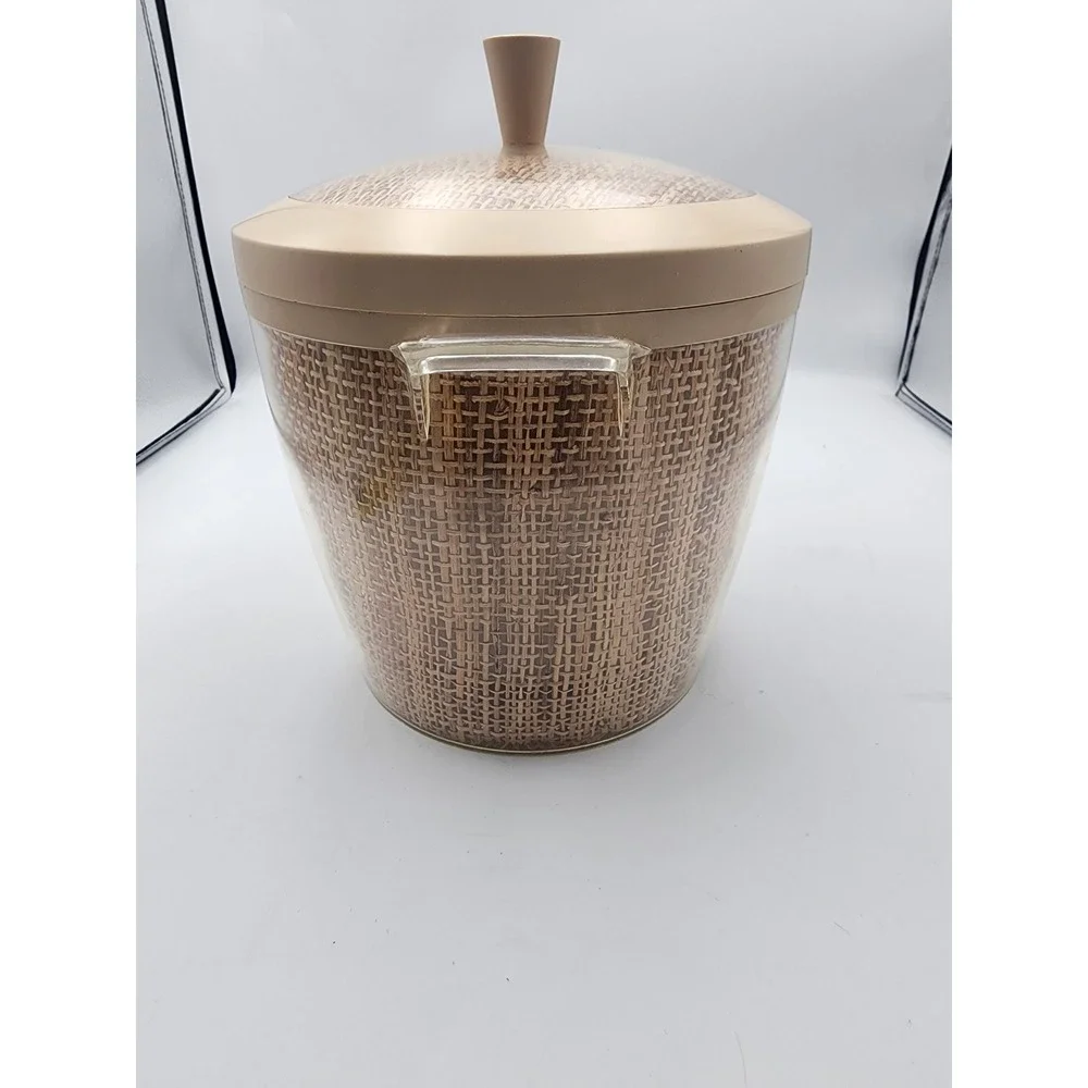 Vintage Mid Century Modern Insulated Ice Bucket Burlap Woven‎ Texture Tan Lid